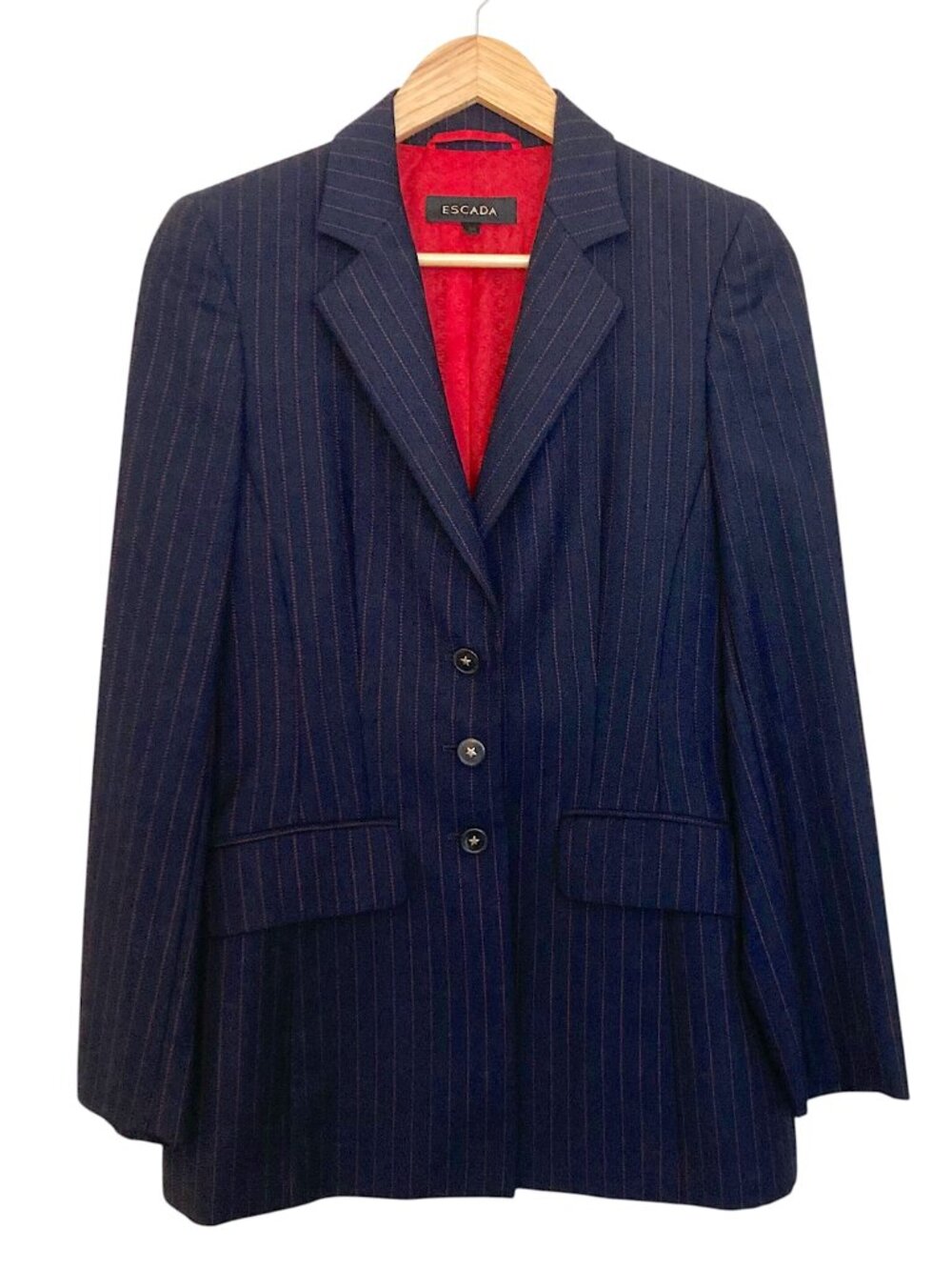 Vintage 90s ESCADA Pinstriped Virgin Wool Blazer Longline Single Breasted Navy